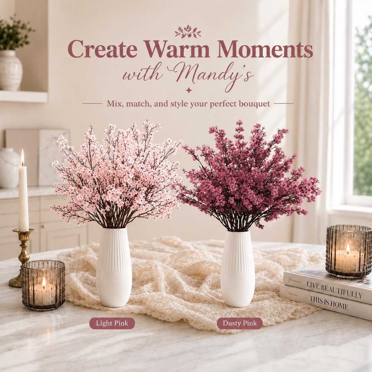 6 PCS Dusty Pink Artificial Babys Breath Flowers 18.5 Inch Silk Gypsophila