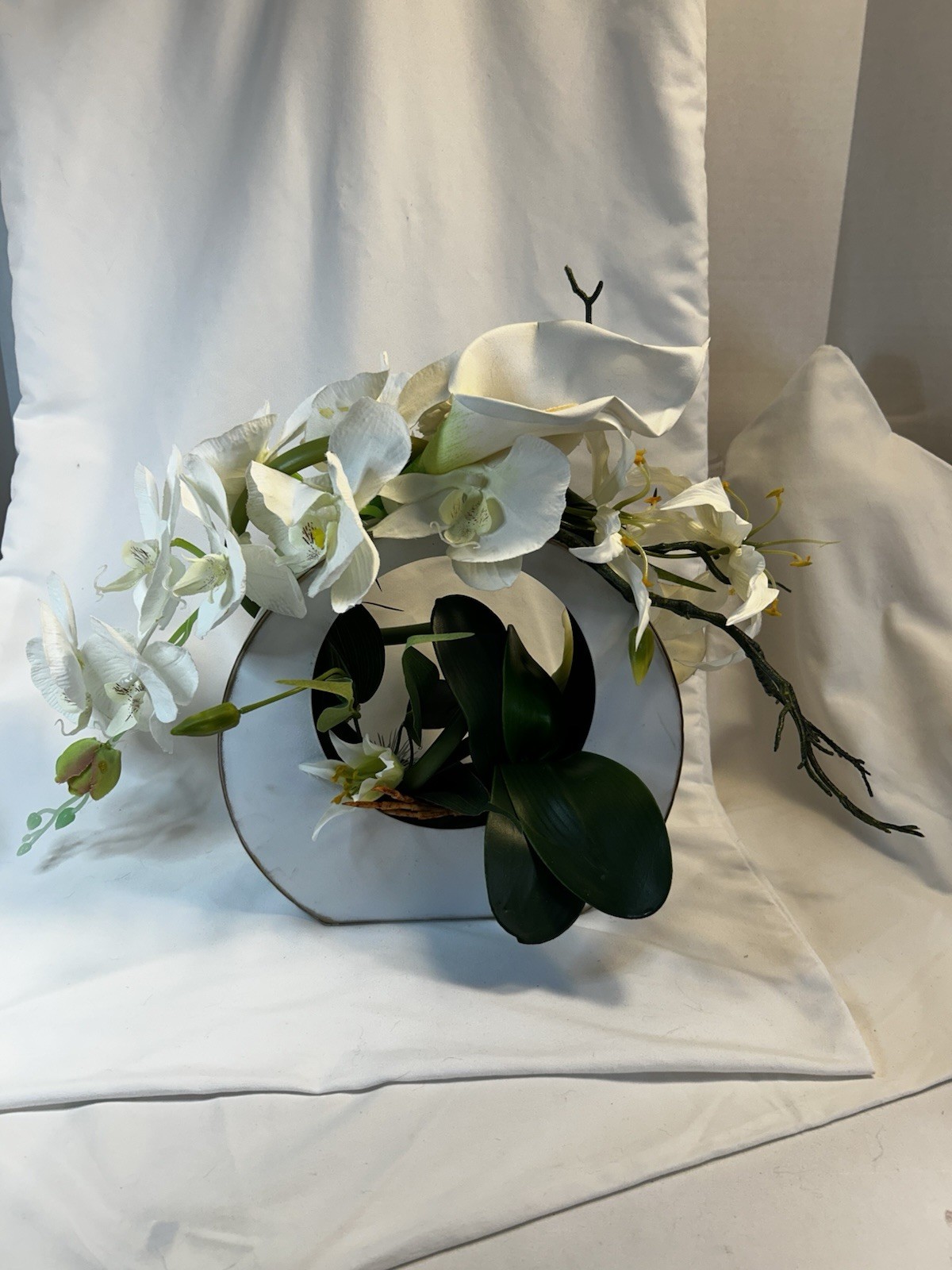 White Silk Floral Arrangement, Centerpiece contemporary Asian Zen Orchids, Lilly