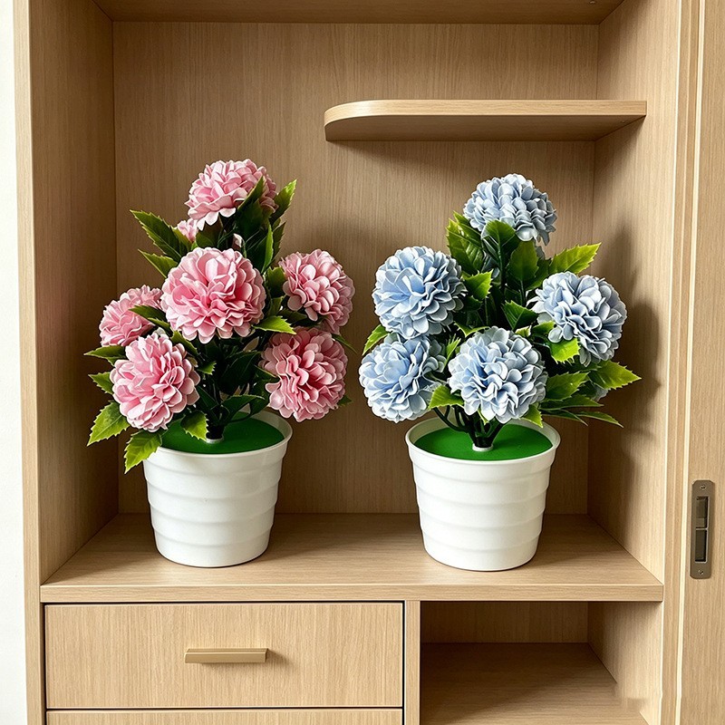 Realistic 8-Bloom Artificial Hydrangea in Compact White Pot for Desk or Shelf
