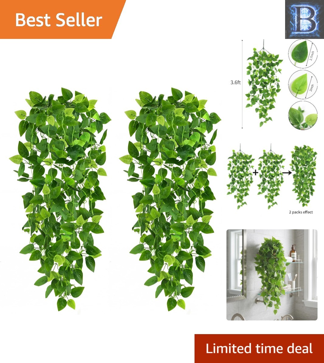 Lifelike Waterproof Hanging Pothos Vine – 2 Packs for Vibrant Home Aesthetics