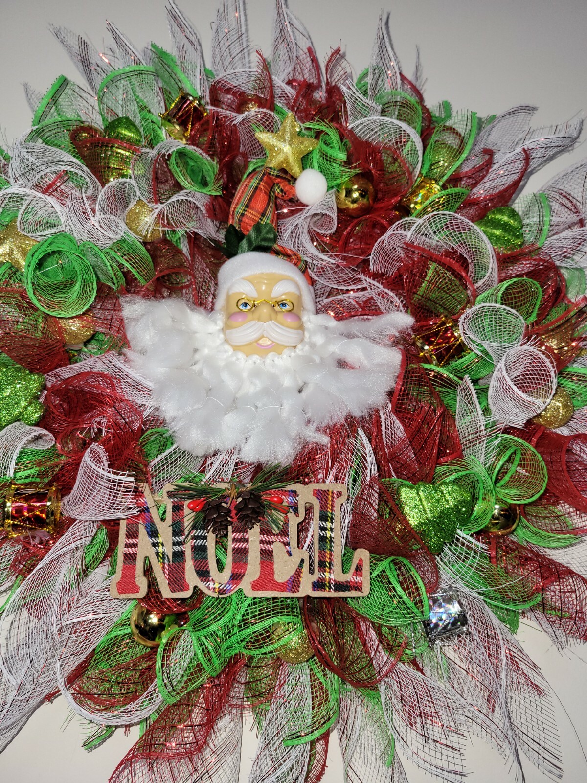 NOEL Christmas Mesh Front Door Wreath Wall Decoration White RED green Santa