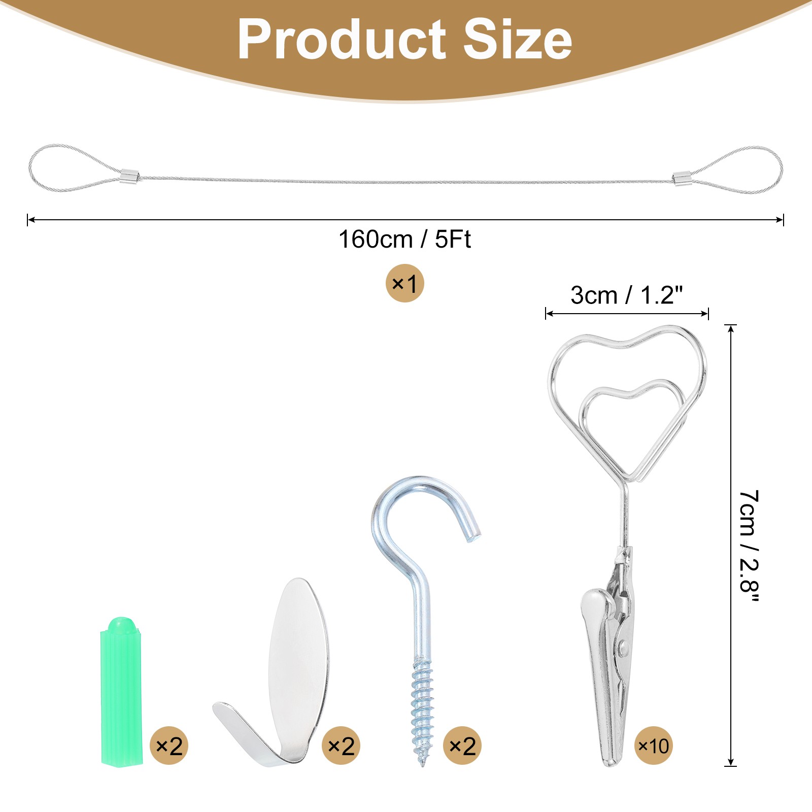5Ft Wall Hanging Photo Display Cable Wire Rod with 10 Heart Clips, Silver