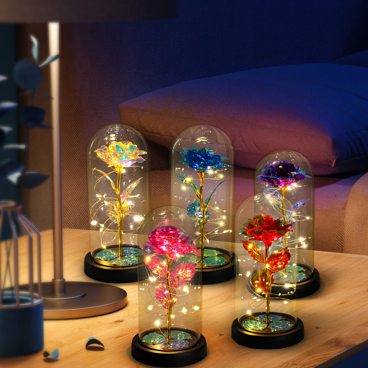 La Rose éternelle illumine le cadeau à la femme décédée dans un dôme de verre