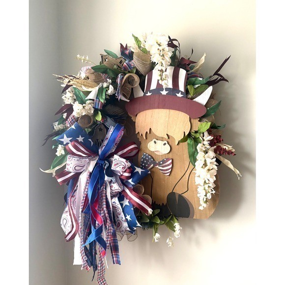 Grand Patriotic Highland Cow Wreath Patriotic Americana Decor