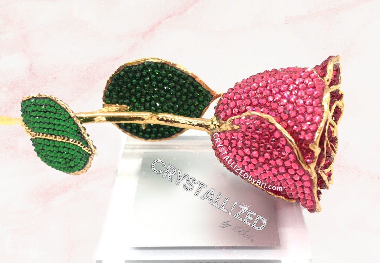 Bling Preserved Rose AUSTRIAN CRYSTAL Red Bedazzled Real Gold Trim Dipped Custom