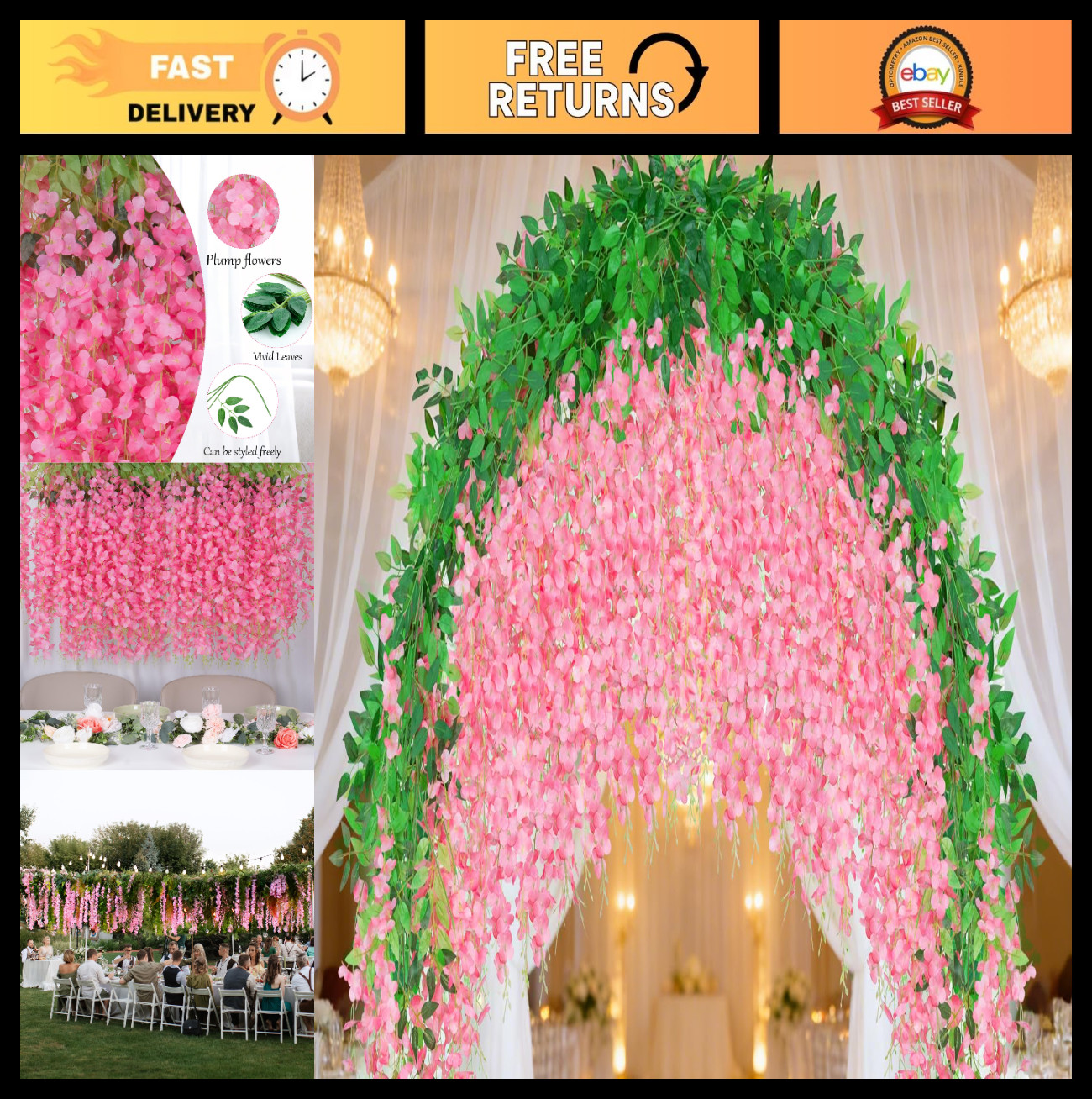 100 Pack Pink Wisteria Hanging Flowers Garland – Faux Floral Decor 3.6 Ft Each