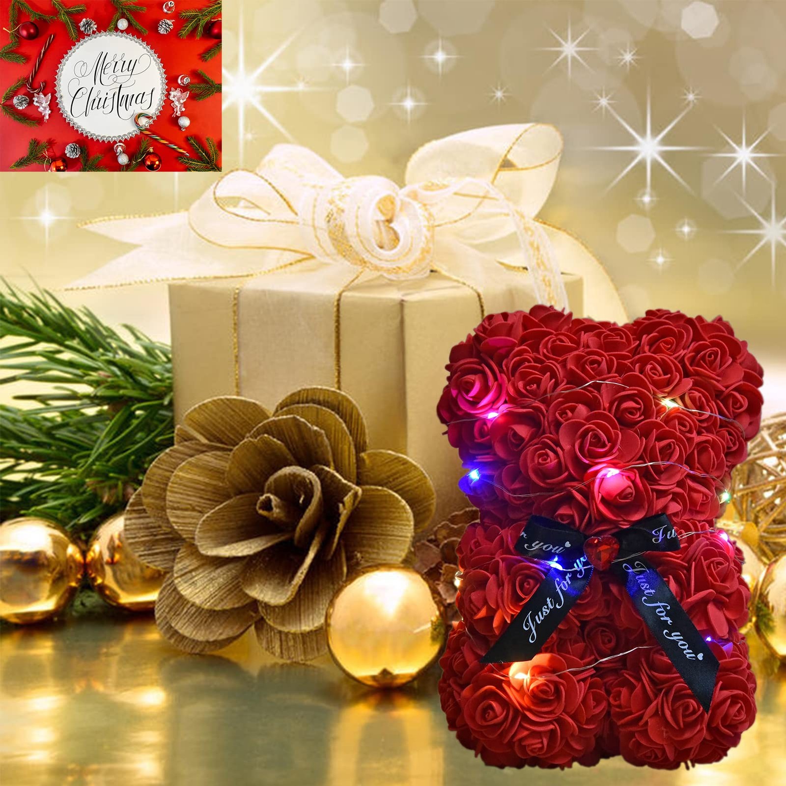Rose Bear Rose Teddy Bear Gifts for Her Mom Mother Hand Made Flower with Lights