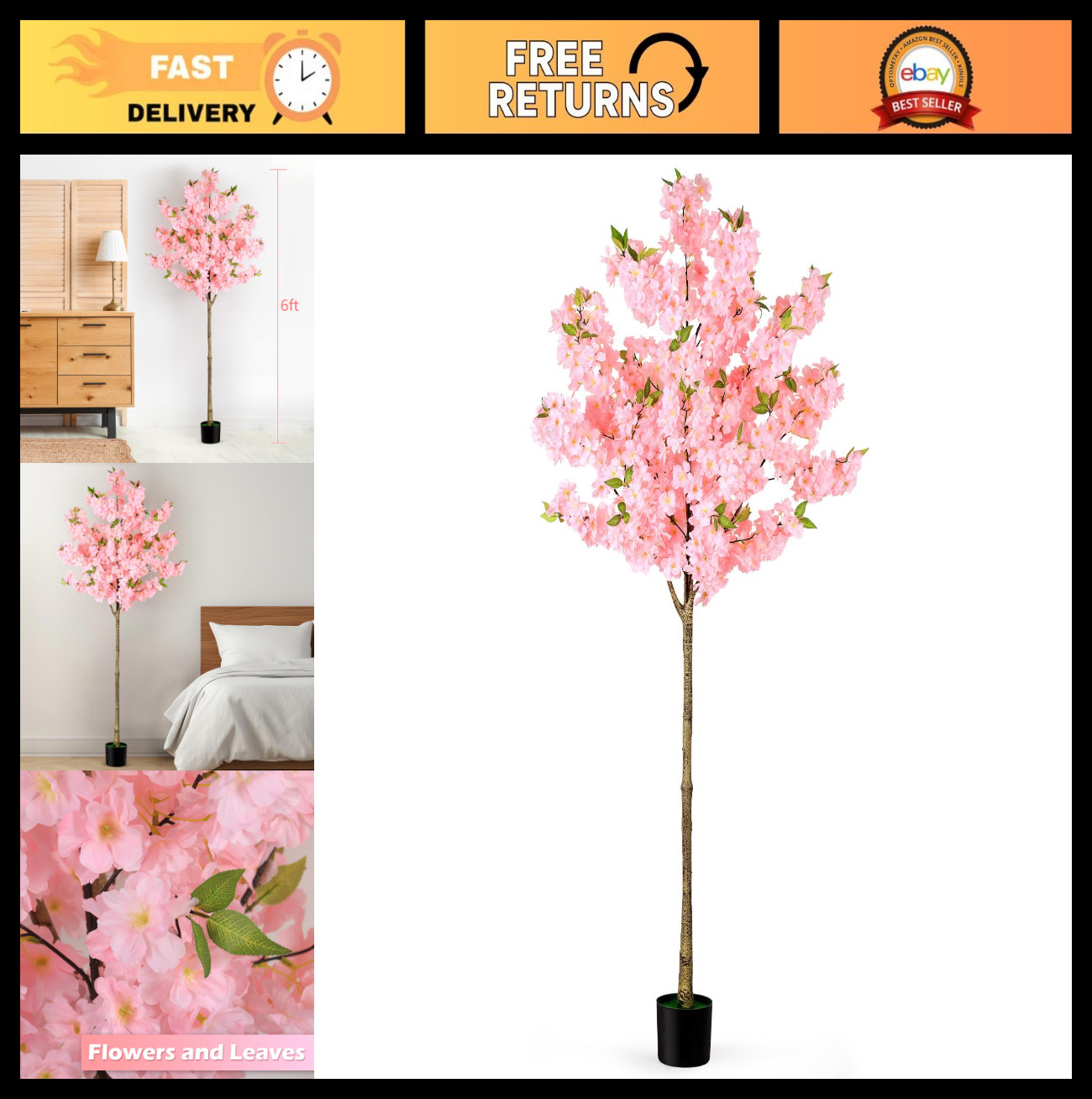 6FT Artificial Cherry Blossom Tree – Faux Pink Sakura Flowers for Indoor Decor,