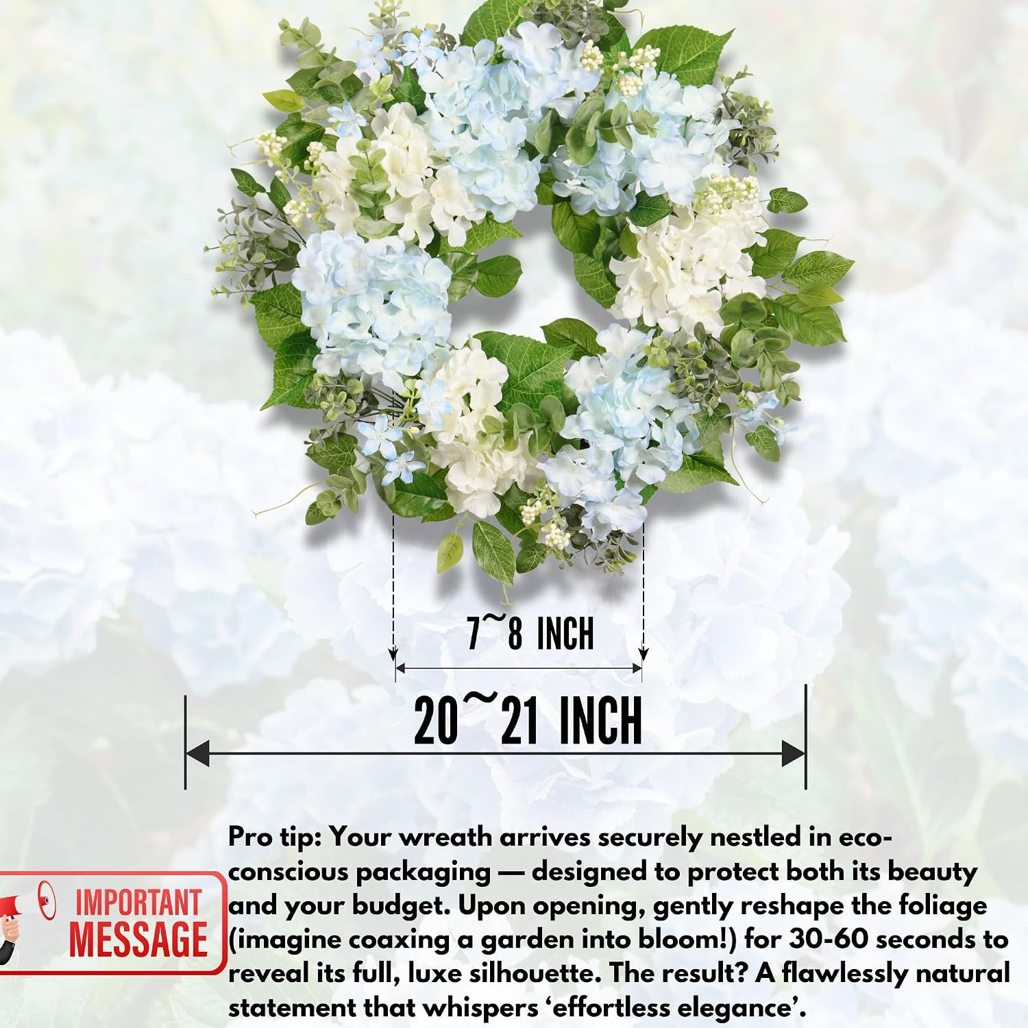 Spring Wreath Artificial Hydrangea Eucalyptus 20IN, Light Blue White Green, Spri