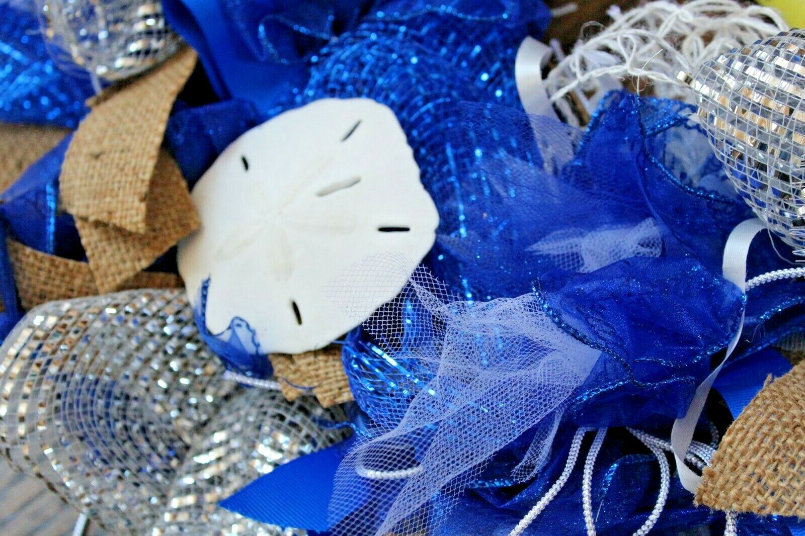 All Occasion Sea Ocean Beach Sand Dollar Door Wreath Blue Silver White 25″ dia