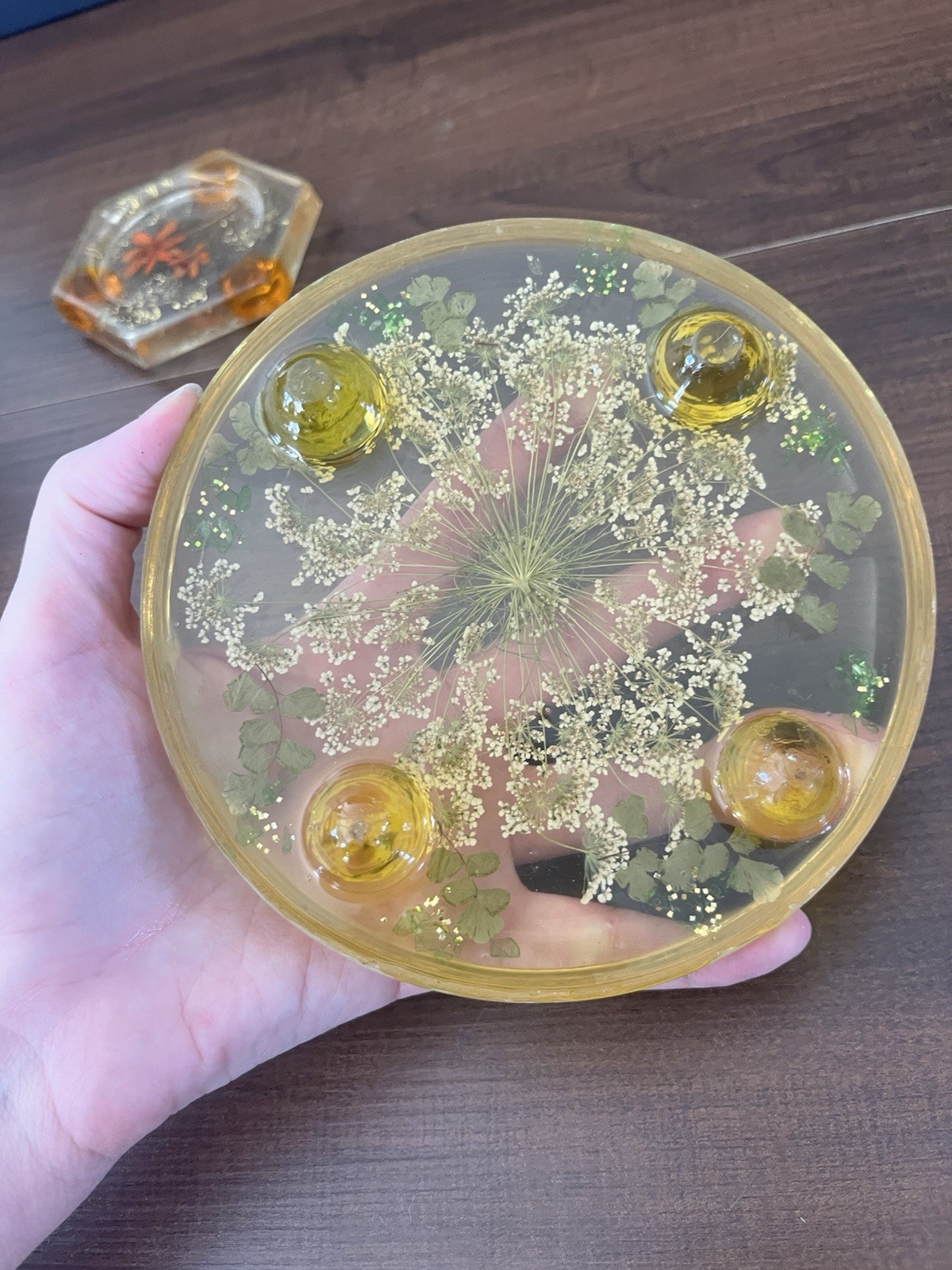 Vtg MCM 70’s retro lucite trivet hot pad Coaster dried pressed flowers Set Of 2