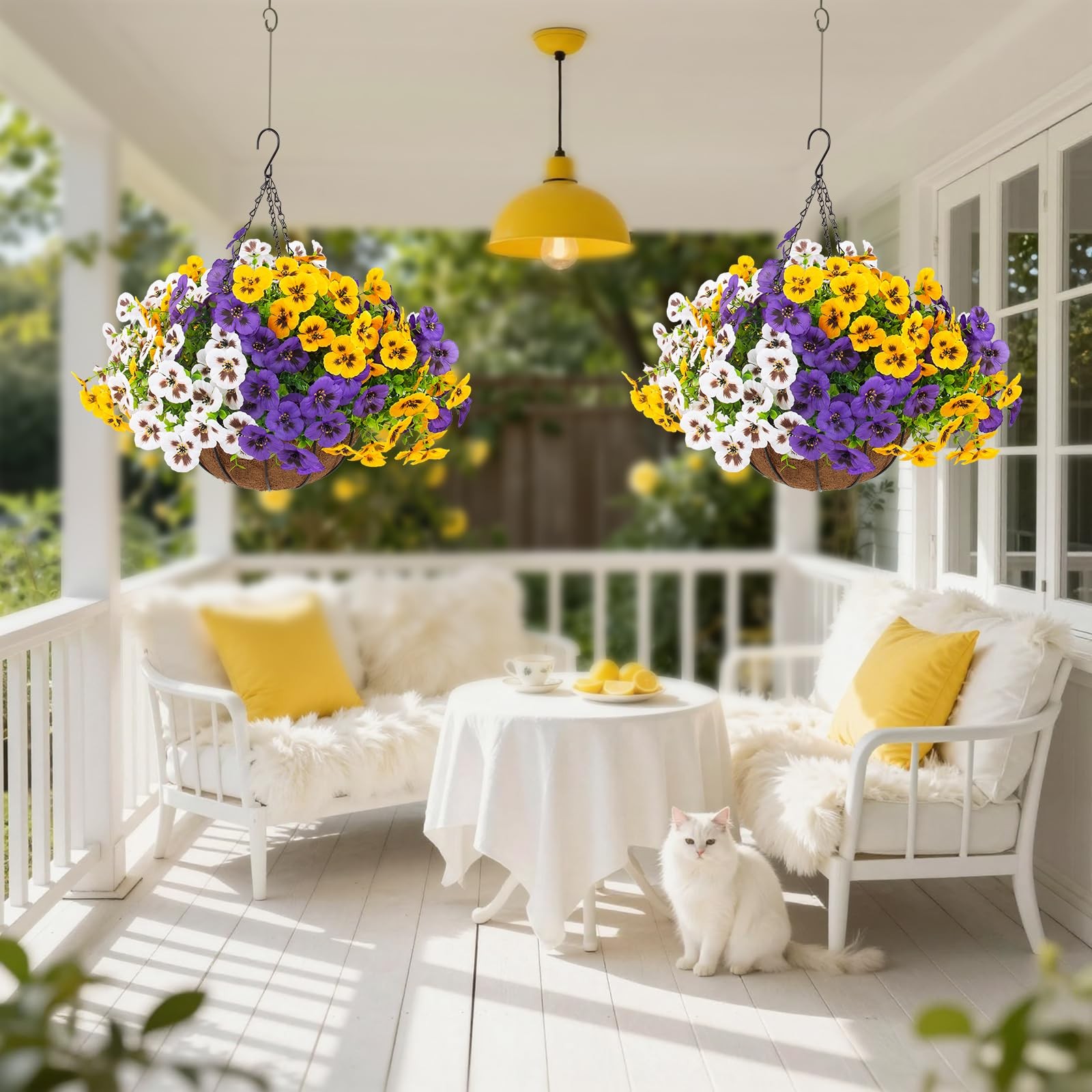 lovemoon 2 Sets Artificial Hanging Pansy Flowers with Baskets, 24 Pcs UV…