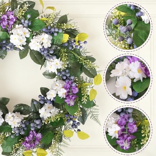 24 Inch Spring Wreath for Front Door – Artificial Blueberry Bunch Wreath with