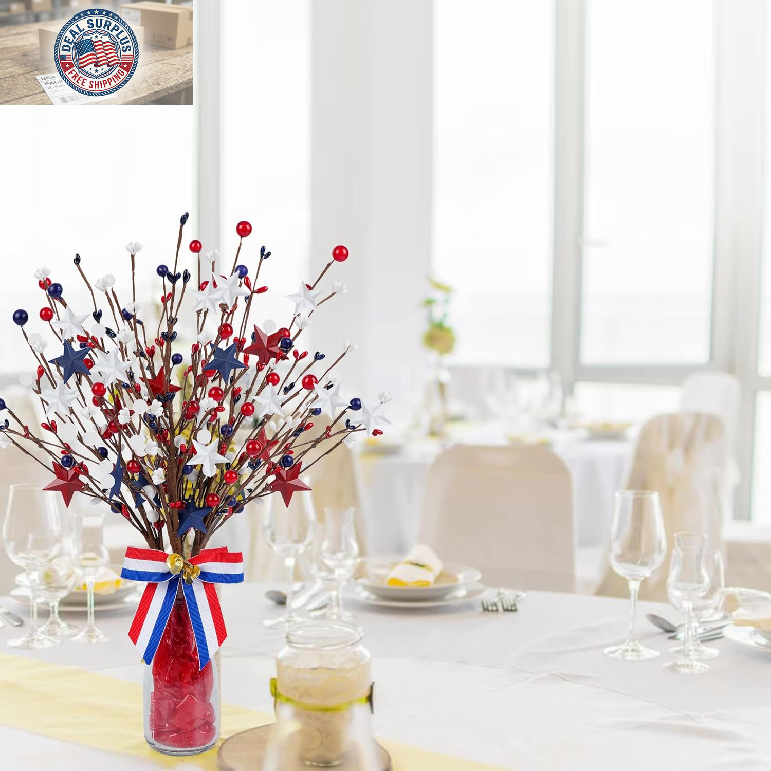 4 Pack Patriotic Artificial Berry Stem Picks White Blue Red Stars for 4Th of Jul