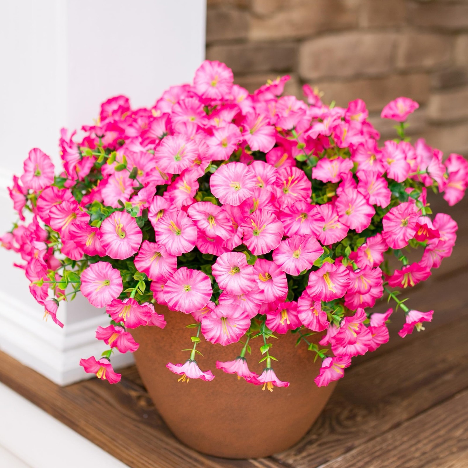 12 Bundles UV Resistant Pink Morning Glory Fake Flowers for Outdoor Decor, Eucal