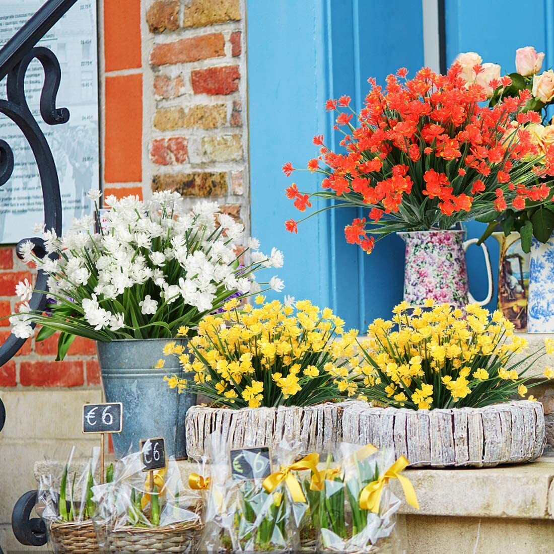6 Bundles Outdoor Artificial Fake Flowers UV Resistant Plastic Shrubs Home Decor