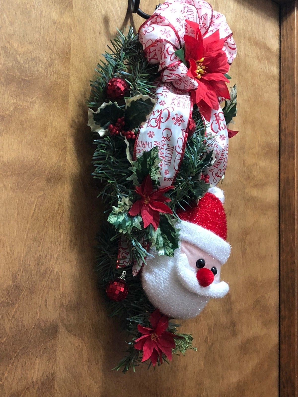 Christmas Tear Drop Door Swag Wreath Santa Poinsettia Red Bow Holly berries
