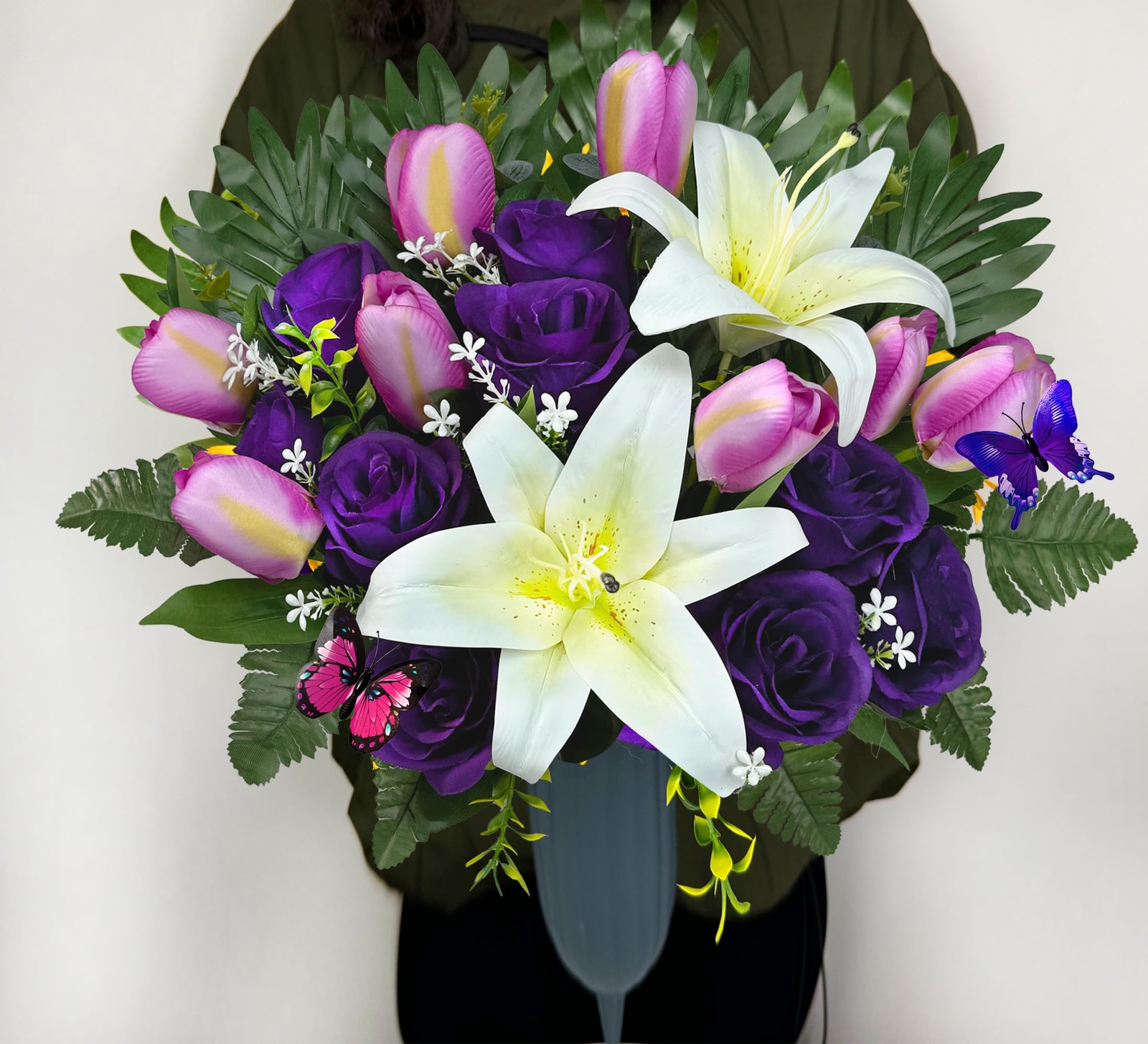 Cemetery Flowers with Vases for Grave Decor, Silk Lily Rose Tulip Headstone F…
