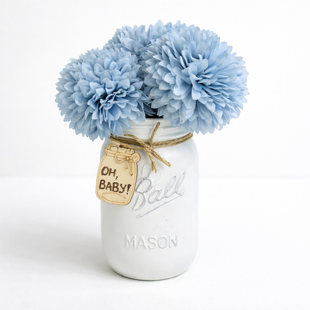 Blue Dahlia Flower Mason Jar Arrangement Baby Shower Centerpiece Nursery Decor