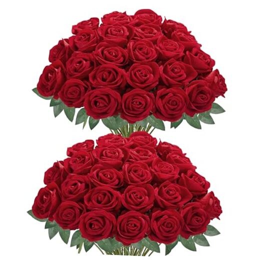 Pcs Roses Artificial Flowers, Fake Velvet Silk Rose Bulk Faux Flower 50 Red