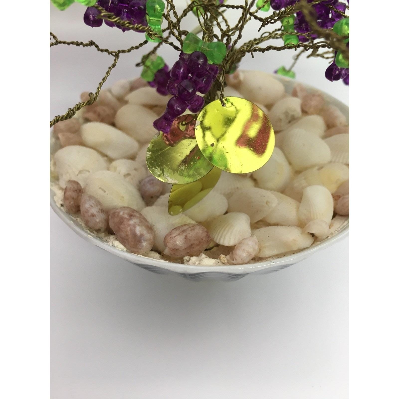 Vintage 50s Asian Beaded Wire Grape Cluster Bonsai Tree in Decorative Bowl