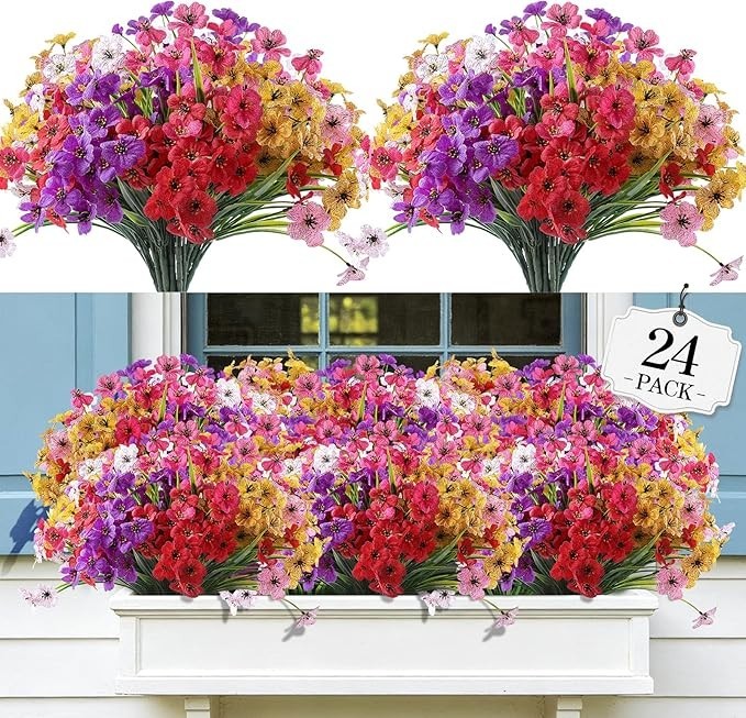 24 Bundles Artificial Flowers UV Resistant Fade Proof Fake Plastic Outdoor Decor
