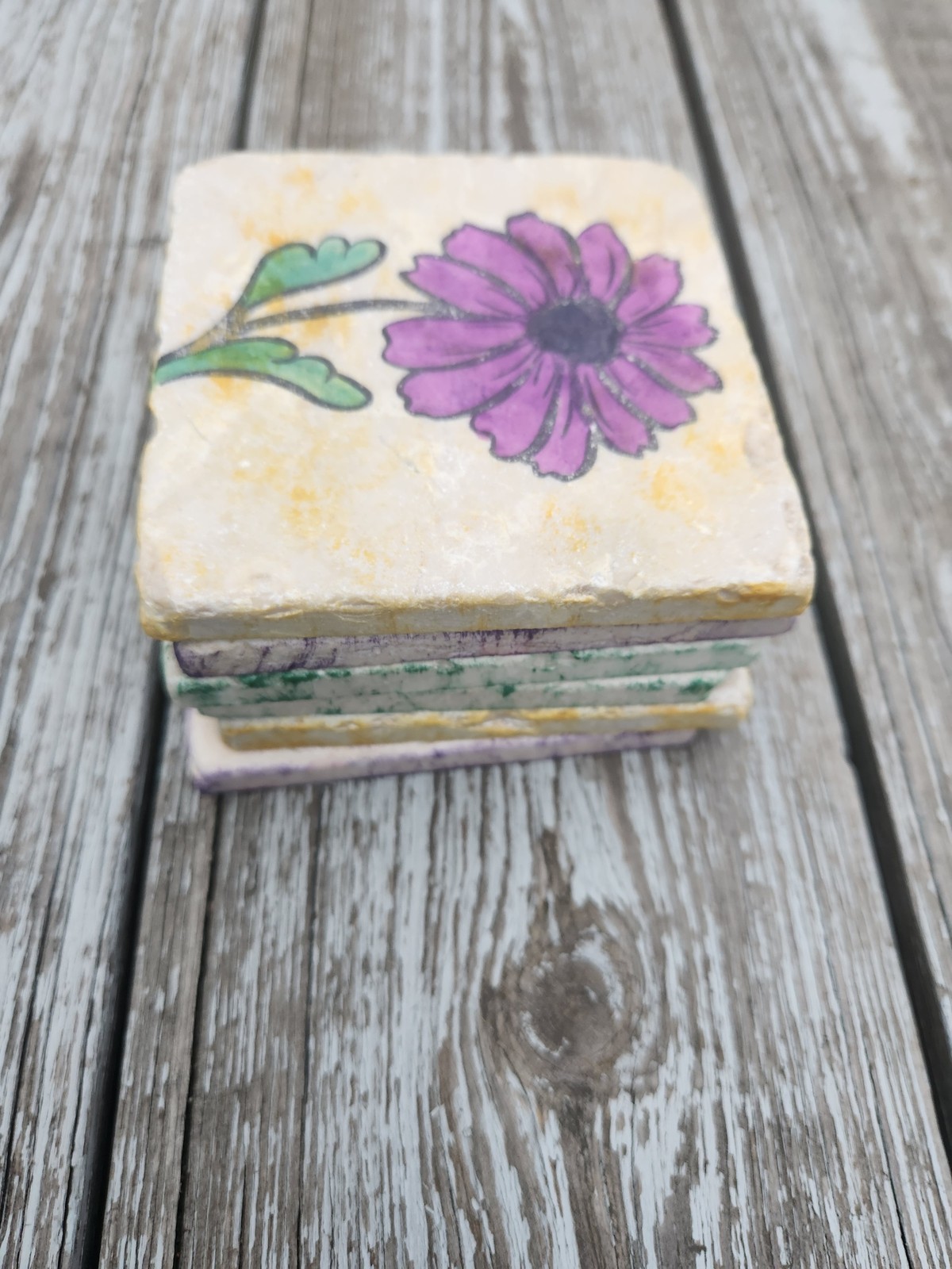 Handmade Floral Stone Tile Coasters Set 6 Flower Art Unique Home Decor Gift