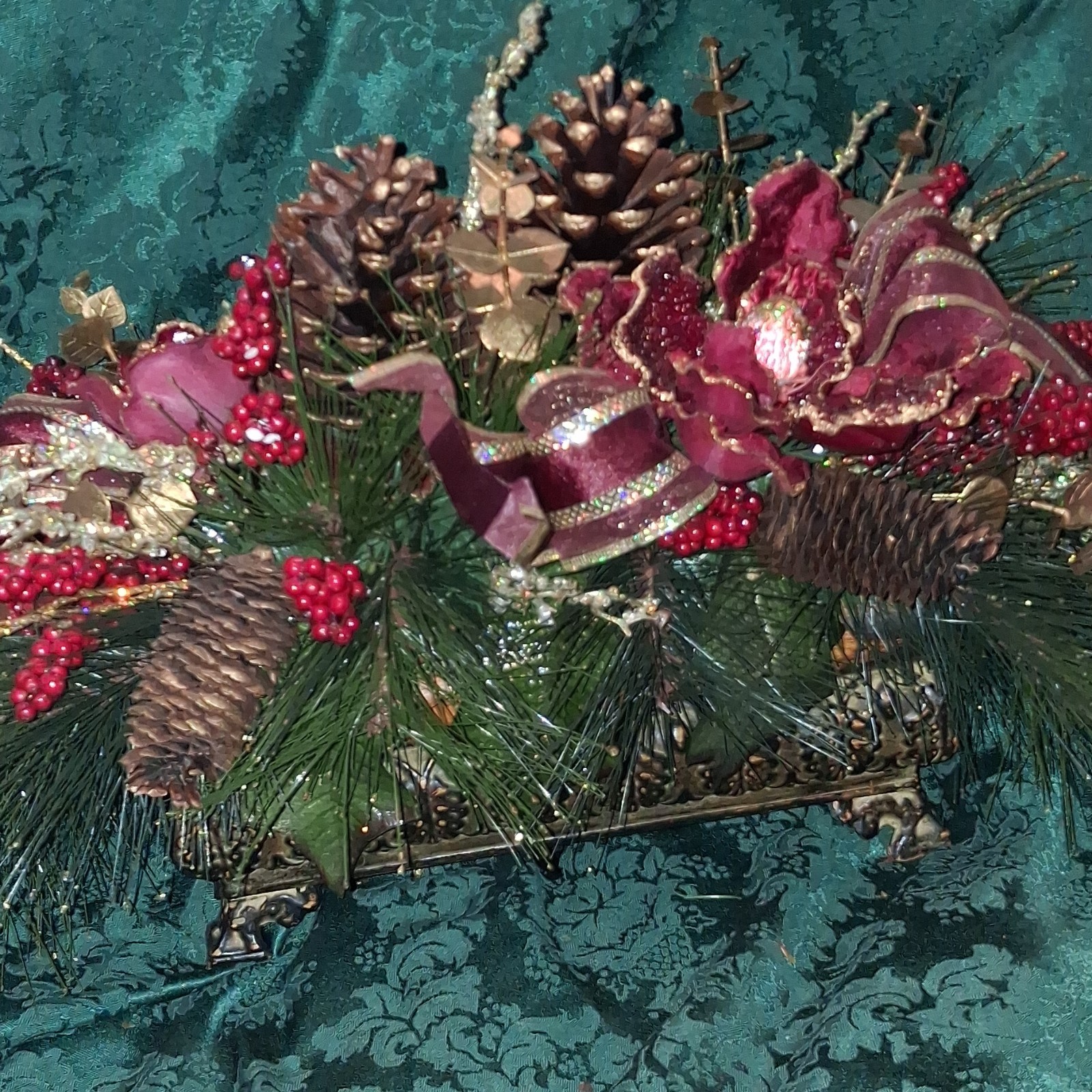 Artificial Christmas Centerpiece Arrangement with Pinecones, Berries, Ribbon