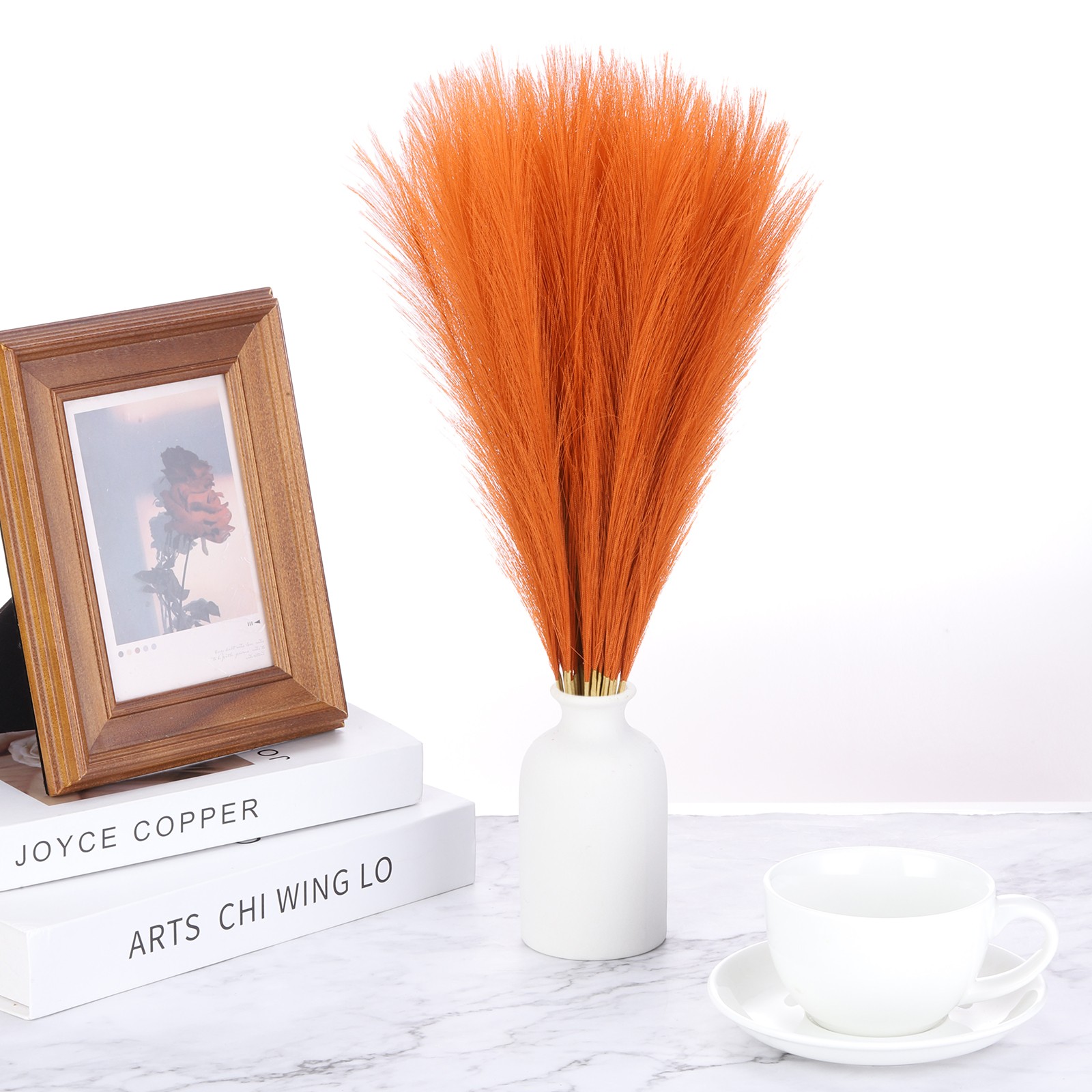50 Pcs Faux Pampas Grass, 22 Inch Fluffy Pampas Grass Decor, Orange