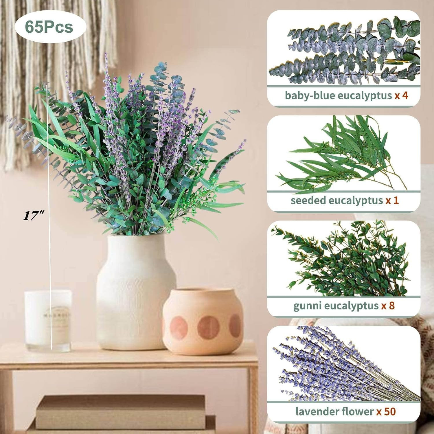 65 Pcs Mix Dried Eucalyptus Stems & Lavender Bundle for Shower, 17″ Natural Real