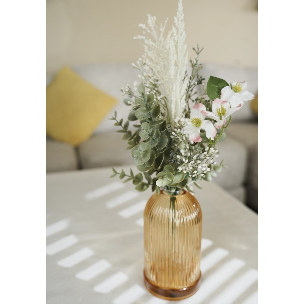Collection White Floral Arrangement in Glass Vase 14.5 in H x 7.8 in W x 7.8 in