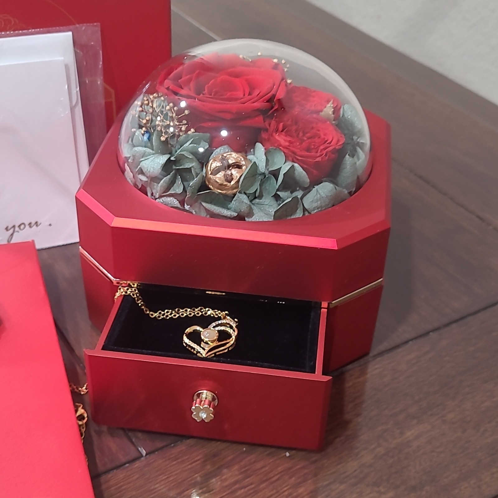Preserved Red Rose Flower Arrangement & Centerpiece in Gift Box with Dome