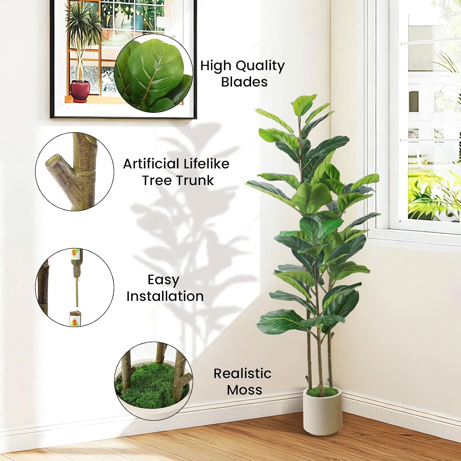 4FT Artificial Fiddle Leaf Fig Tree with White Planter Pot, 4 feet Tall Fake Tre