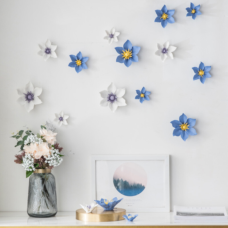 Porcelain Ceramic Flowers 3D Clematis Wall Decor Hangings Study Living Room