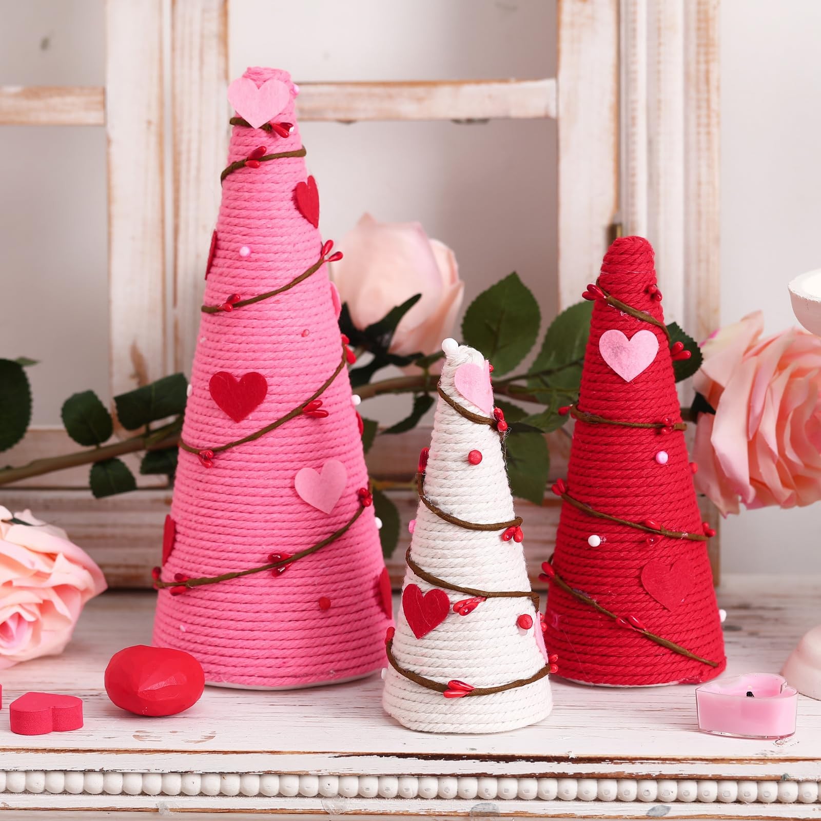 3 PCS Valentine Tree Table Decor Artificial Cone Heart Red Pink White