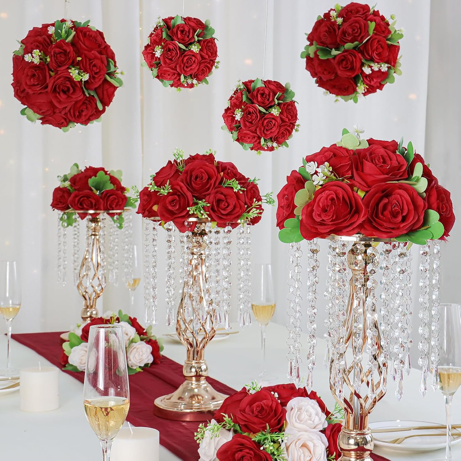 Red Rose Silk Flower Ball Centerpieces – 10 Pack for Weddings & Events