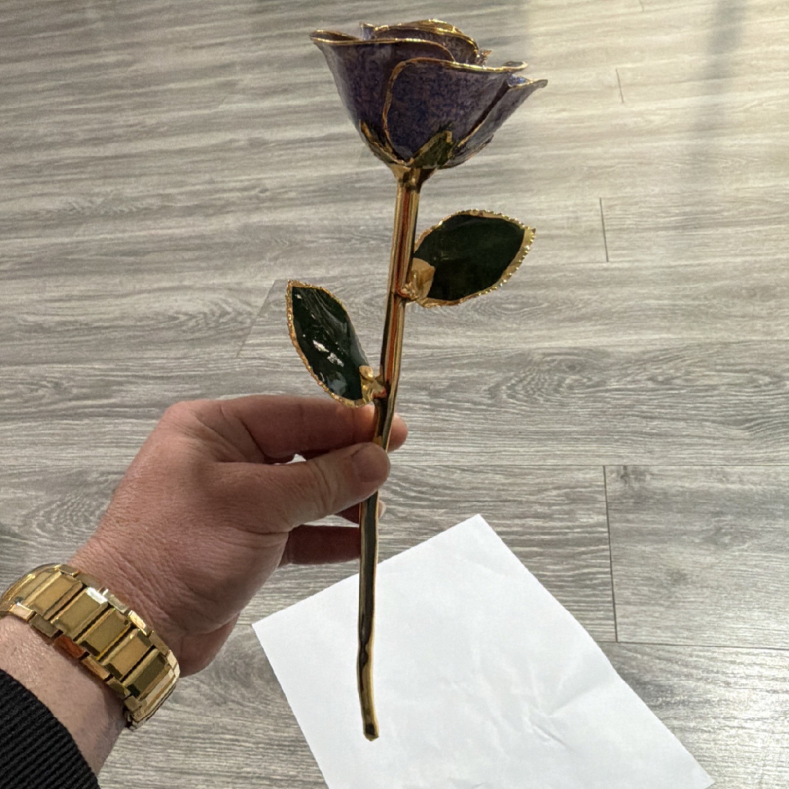 Artificial Metal Rose Flower Stem Purple Gold Green Decorative Floral Ornament