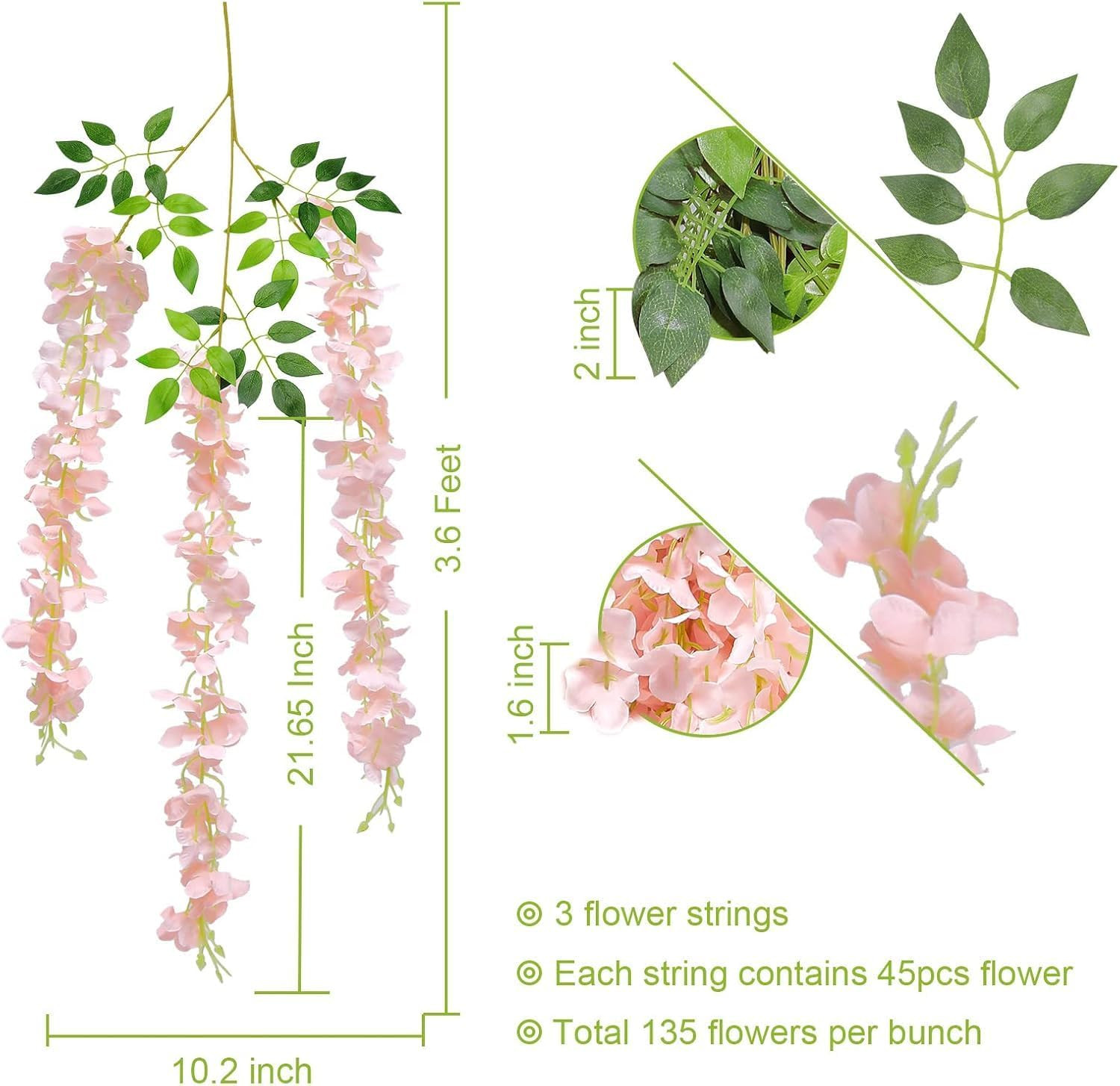 60 Pack Light Pink Wisteria Vine Garland – 216 Feet Silk Flower Decor