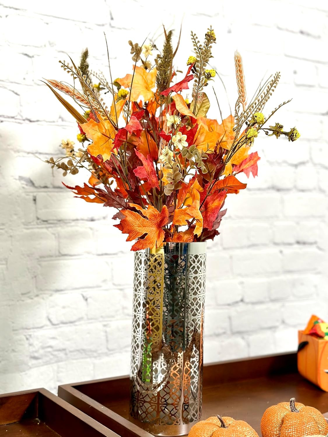 Artificial Autumn Flowers Maple Leaves Berries Fall Festive Harvest Foliage Ceme