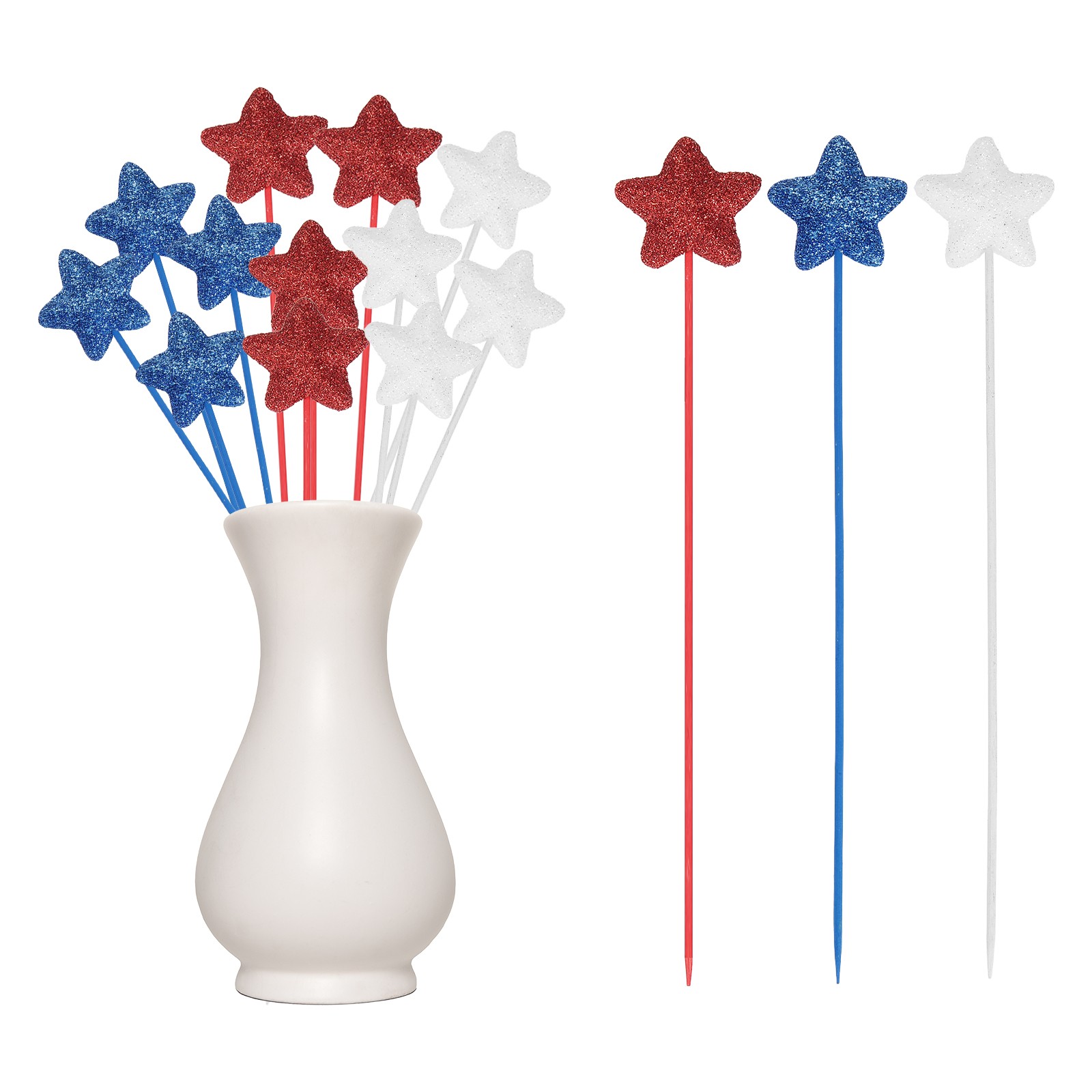 12 Pcs 4th of July Glitter Star Picks 8″ Sparkly Sticks (Red/Navy Blue/White)
