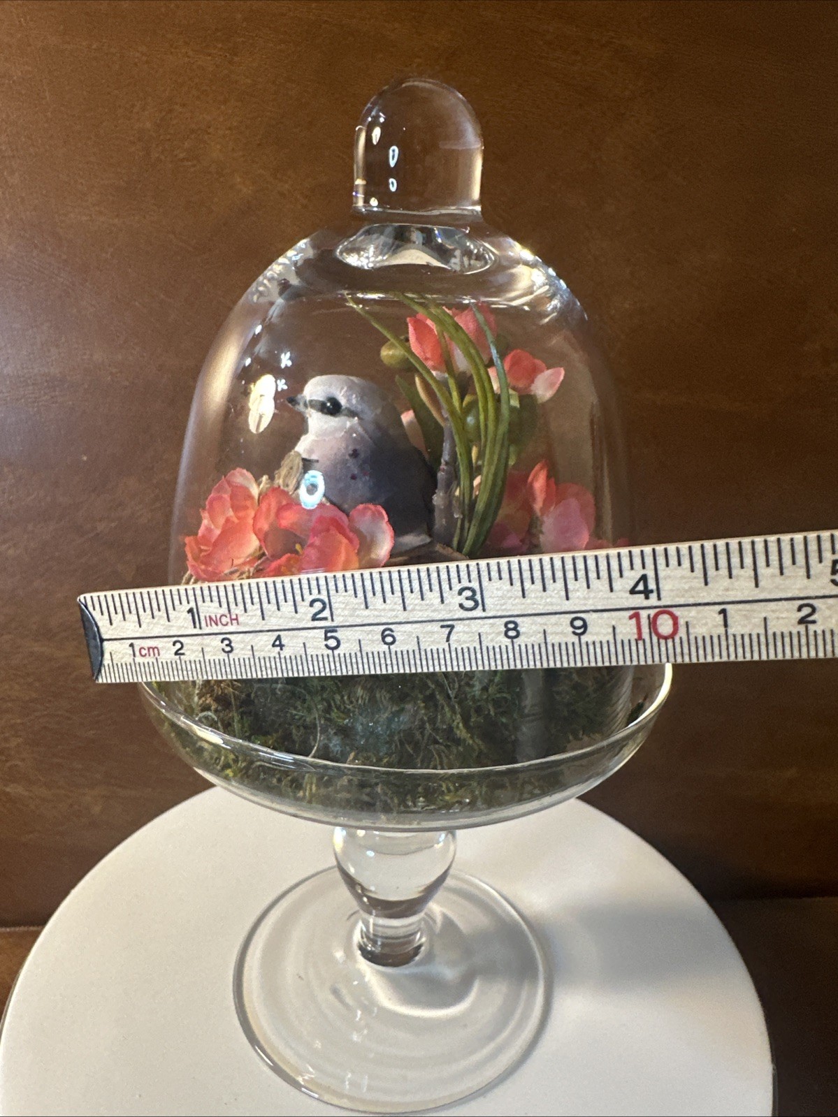 Artificial Vintage Floral Arrangement Glass Dome with Bird Nest, Pink 9”tall b