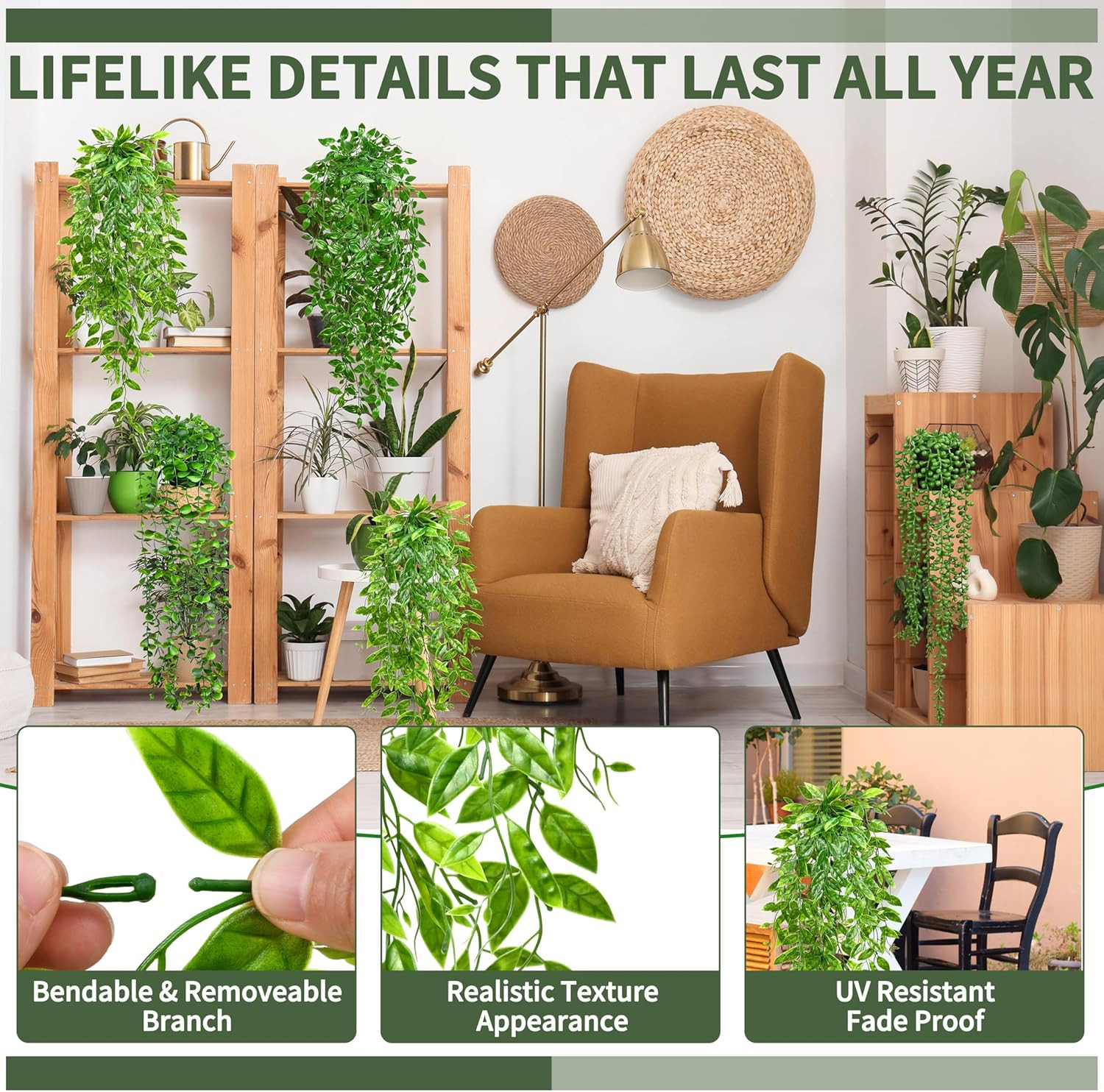 4 Pack Faux Artificial Hanging Plants, UV Resistant Fake Potted Greenery with Eu