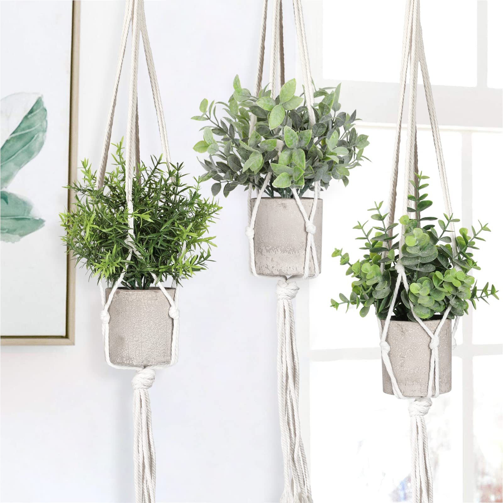 Artificial Plants 3 Pack Mini Fake Hanging With Macrame Plant Hangers Decorative
