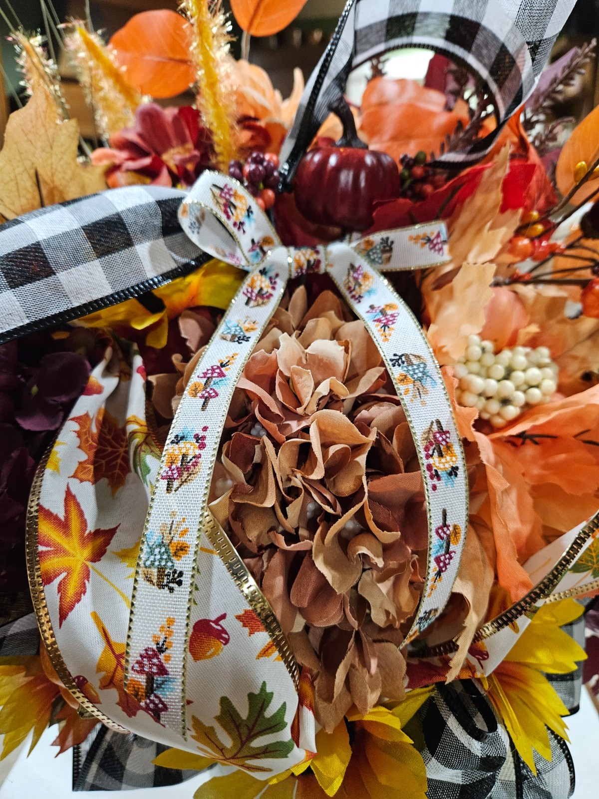 Chic Fall Florals with Ribbons, Bucket Vase, Orange, Cream, Dark Red