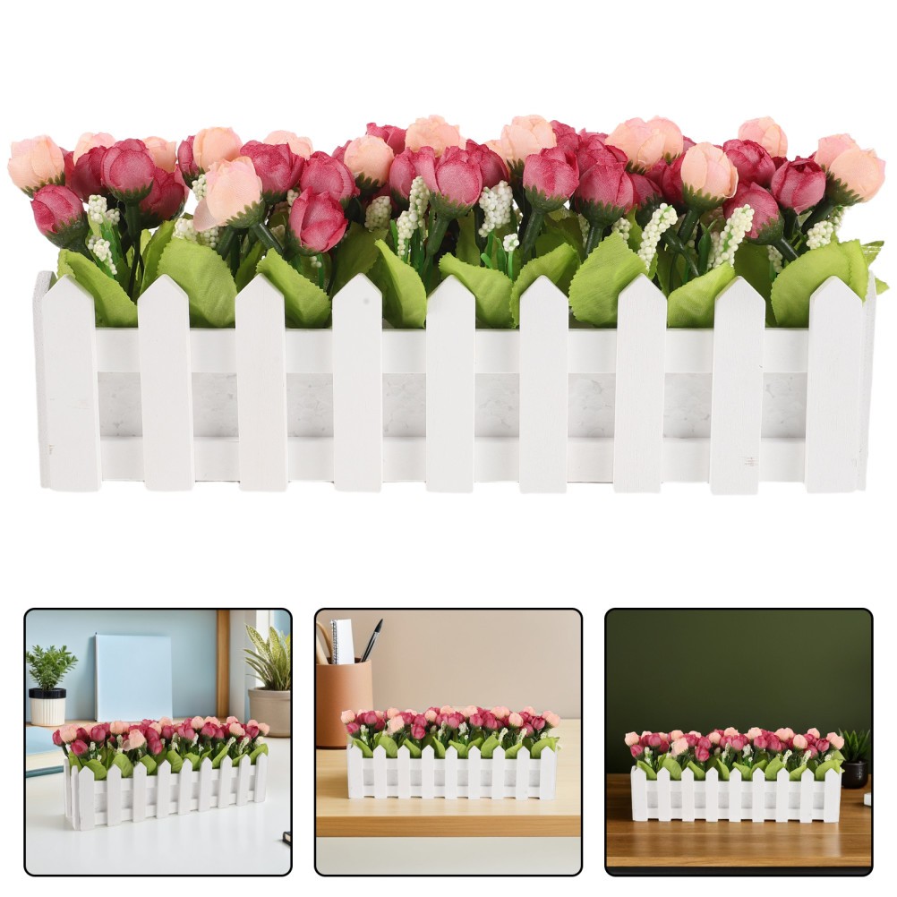Simulation Flower Bonsai with Fence Rosy Artificial Flower for Home Office Desk