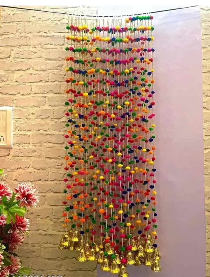 10 Pieces multiple strings adorned with colorful pompoms and small golden bells