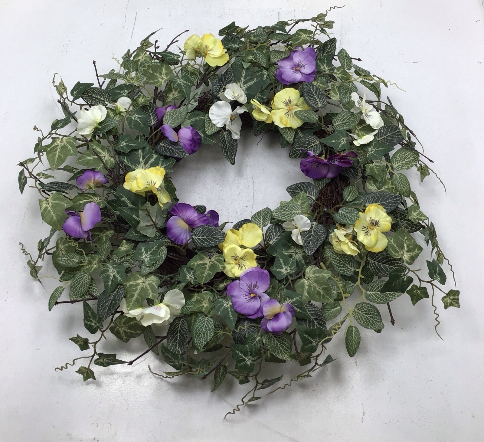 Sullivans 24 Inch Artificial Pansy Greens Mixed Bush Wreath Purple Open Box