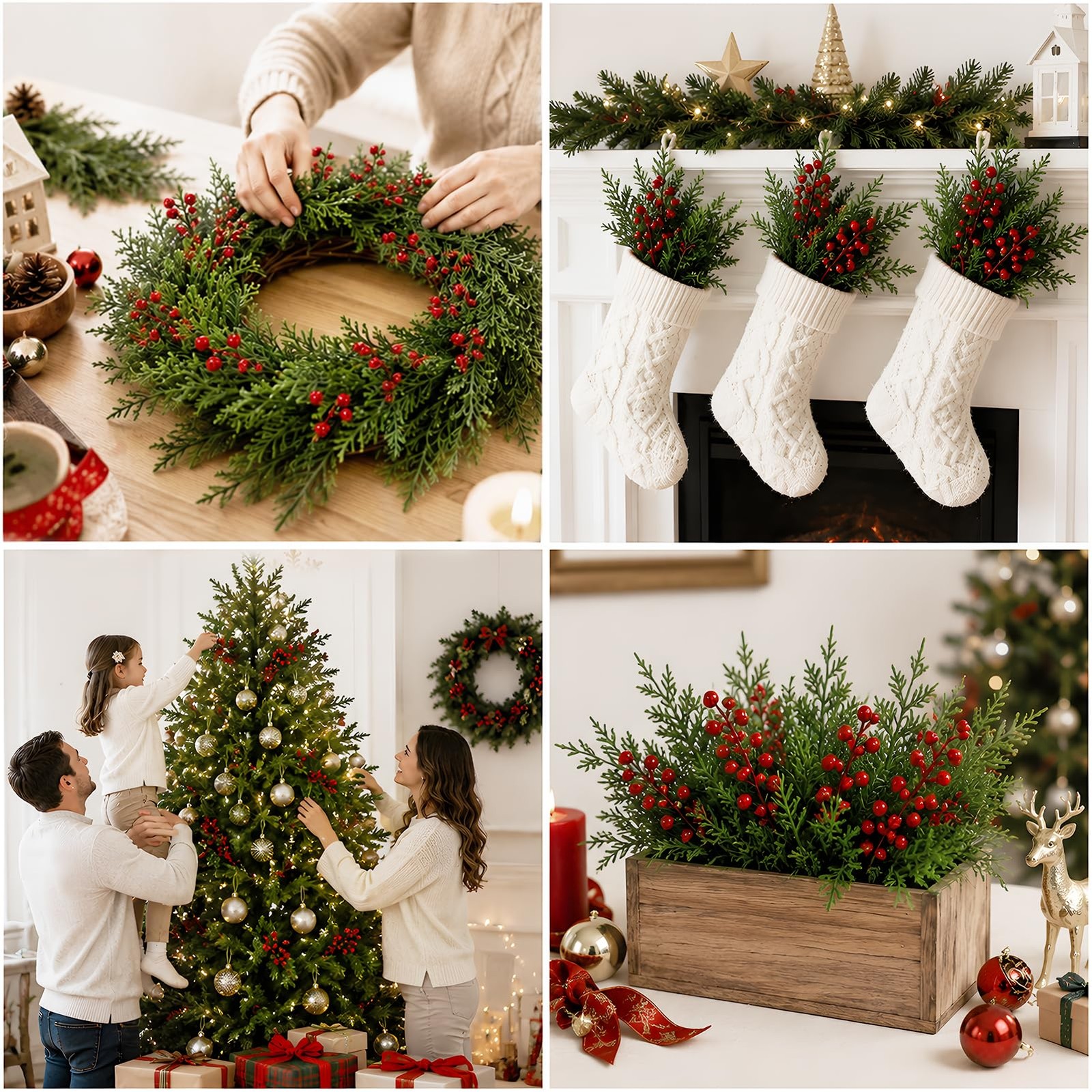 45PCS Artificial Christmas Pine Branches with Red Berry Stems
