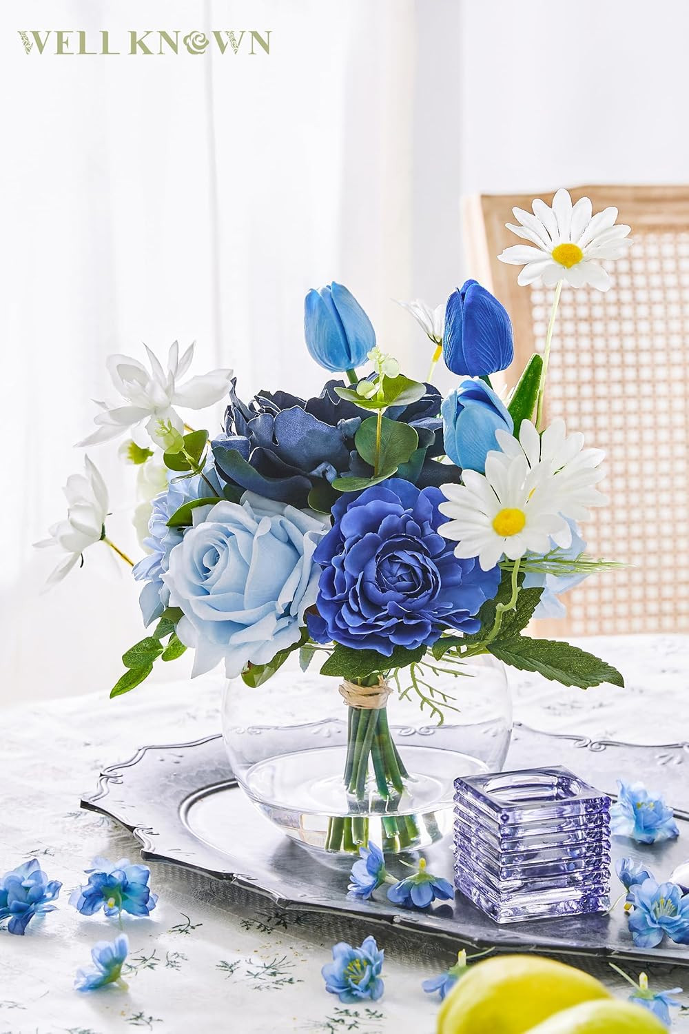 Artificial Flowers with Vase Silk Flower Arrangements in round Bowl Vase with Fa