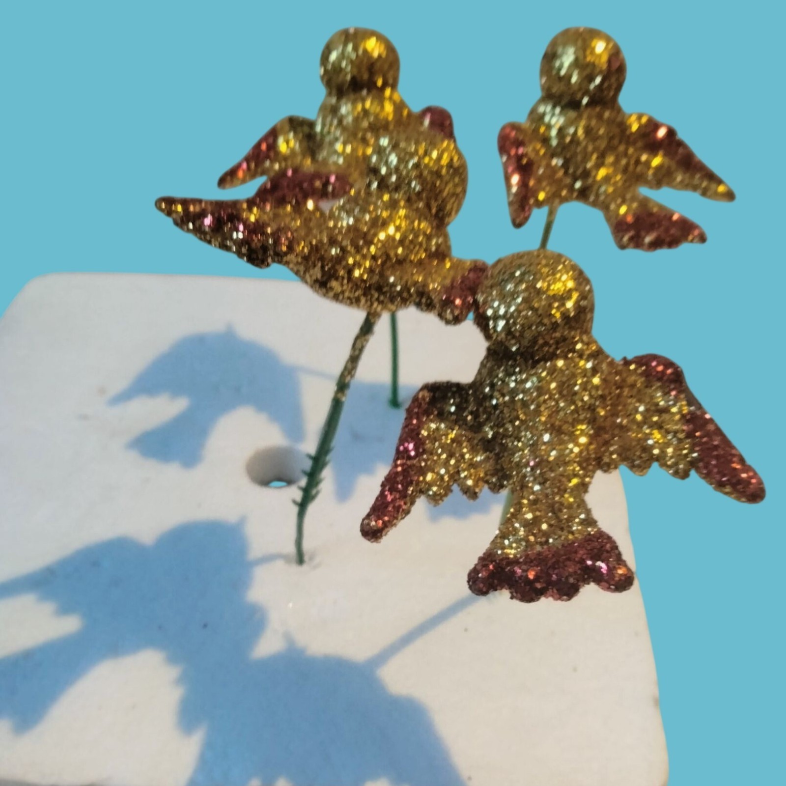 Glitter Gold Bird Ornament Green Wire Stem Decoration Crafting Lot 4